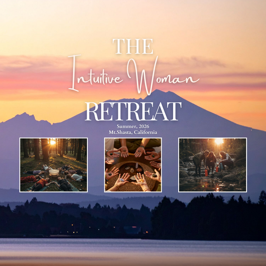 Promotional graphic for 'The Intuitive Woman Retreat' with a mountain landscape and people interacting with nature.